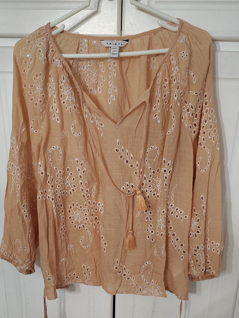 Tribal Peach Embroidered Tassel Peasant Tunic